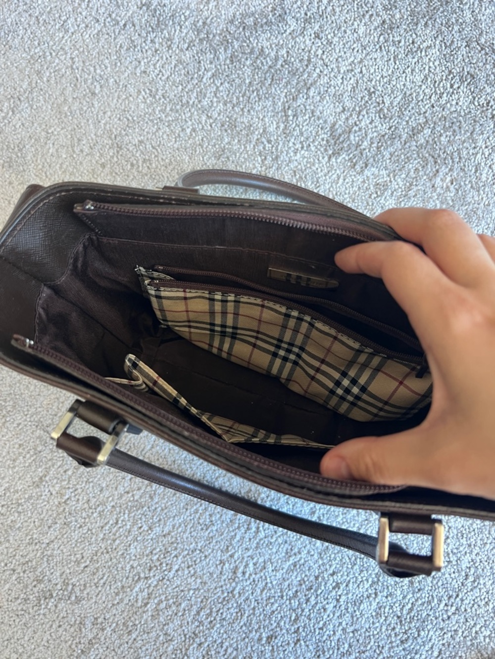SALE! Burberry Nova Check Saffiano Leather Trapeze Tote Bag Dark Brown dust bag - Picture 6 of 15